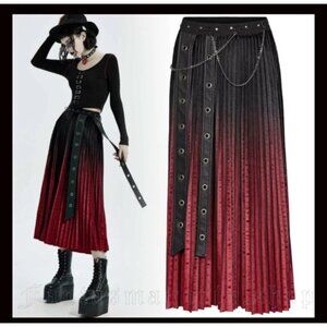 Punk ROCK Gothic RED DAWN Black & Red Pleated Velvet Maxi Skirt VAMPIRE XS-S HOT